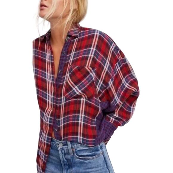 Free People Tops - Free People One of the Guys Flannel Plaid Cotton Red White Blue Long Sleeve Top